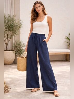 Waman’s Navy Blue linen wide leg Pants